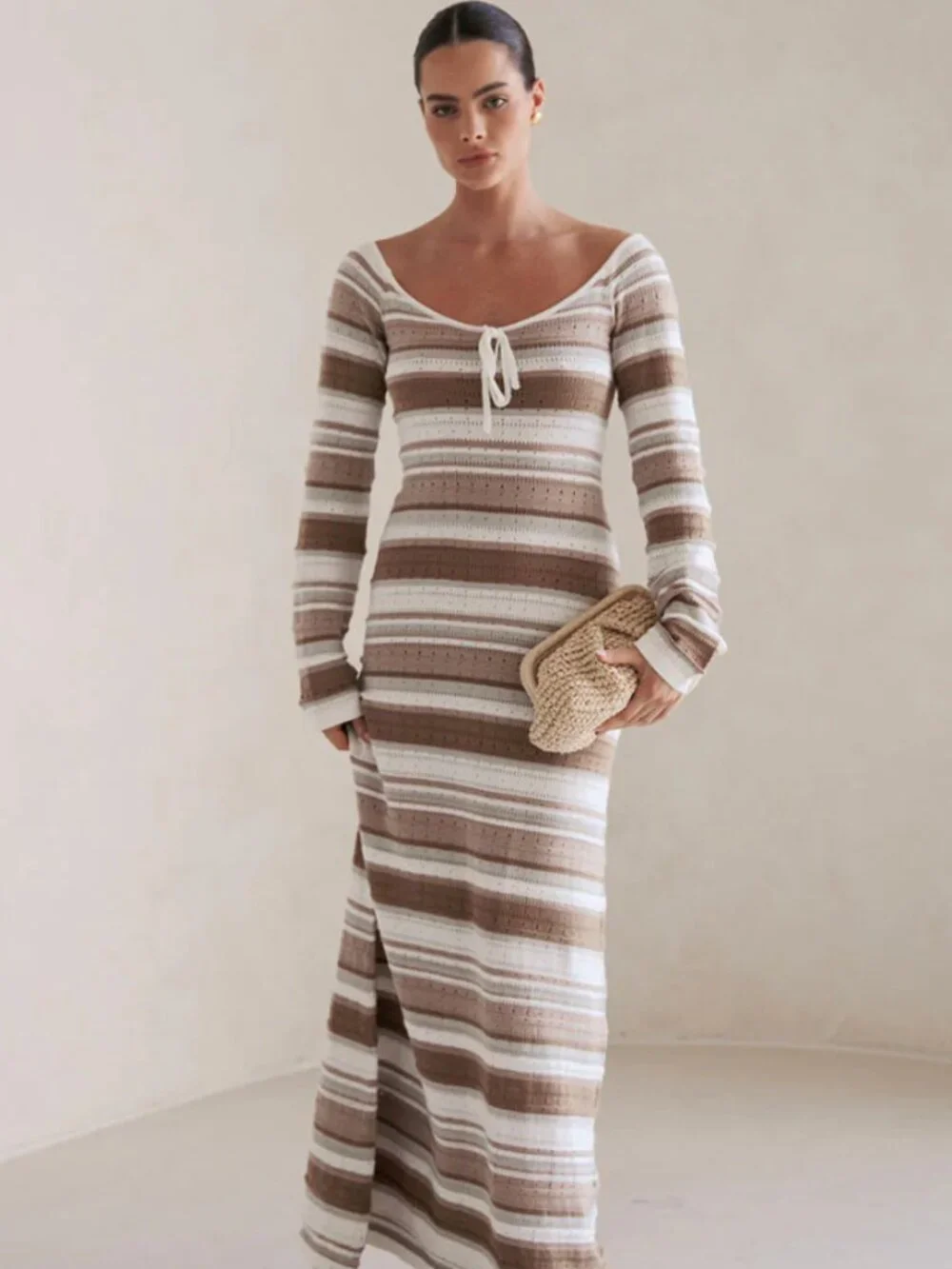 Sabo Brown and White Stripe Knit Long Sleeve Maxi Dress NWT - Small - Picture 1 of 8